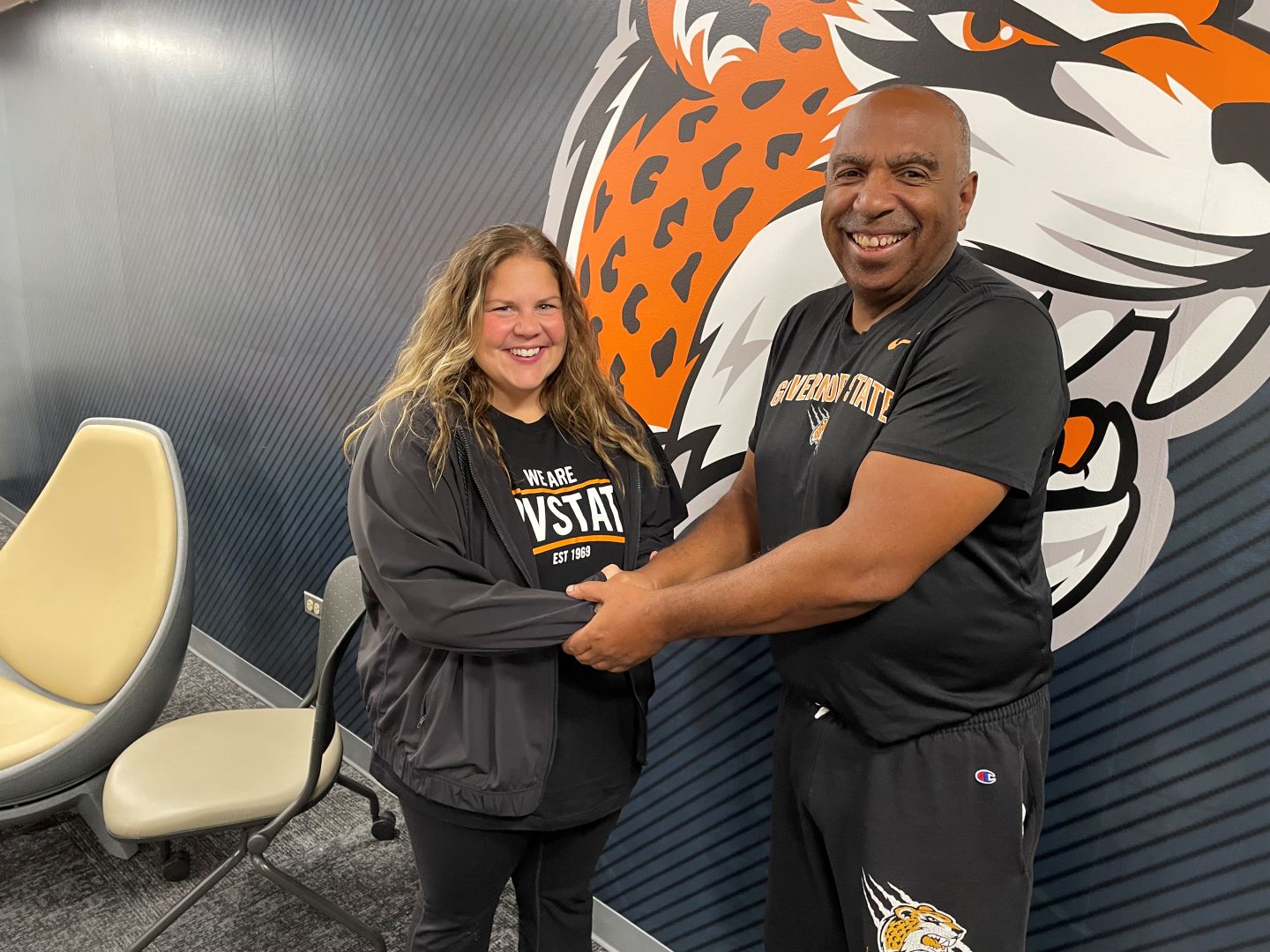 Jessica Eatinger and GSU Athletic Director Tony Bates.