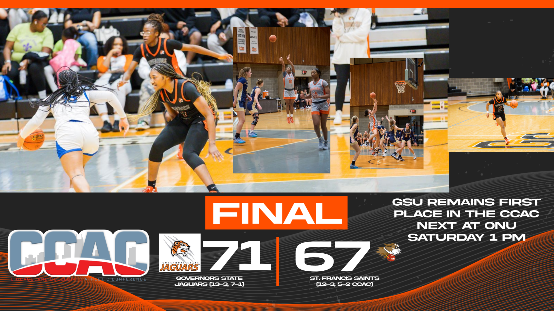 First Place Jaguars Beat St. Francis 71-67 In the ARC - GovState at Olivet Nazarene Saturday, 1 PM